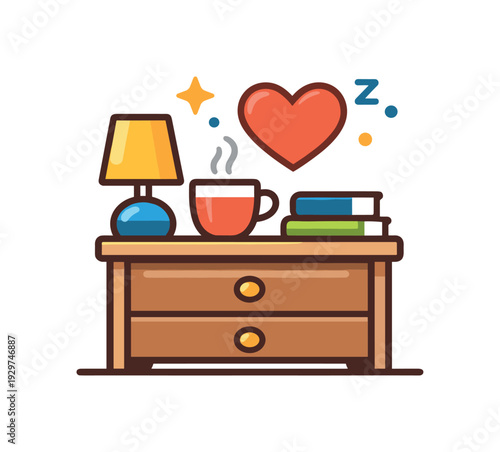 Everyday emotional comfort through maintaining a cozy and organized bedside space, a nightstand paired with a small heart icon symbolizing rest, care, and