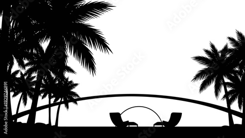 Tropical Paradise Silhouette: Palm Trees, Beach Chairs, and Archway Overlooking Ocean