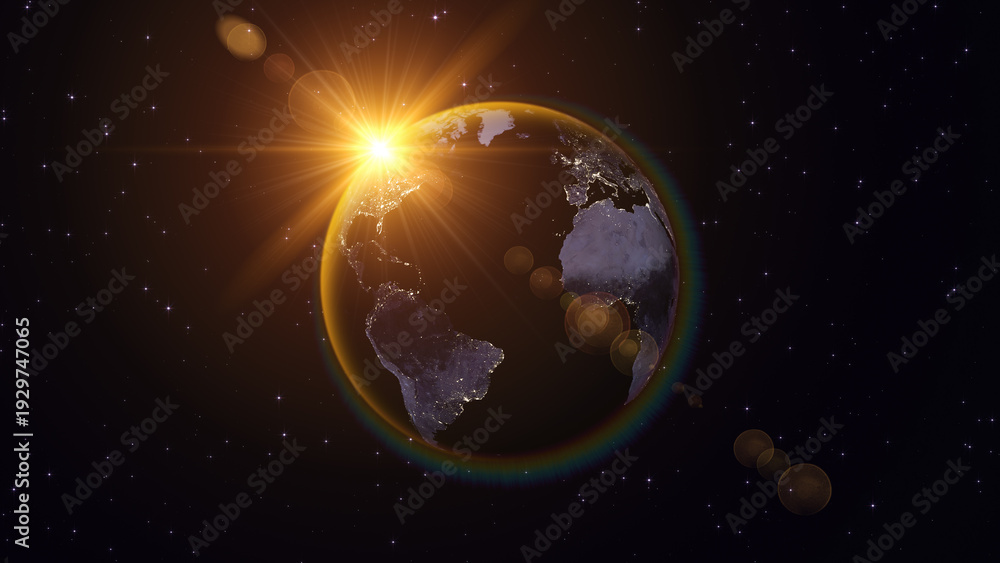 Fototapeta premium earth planet and sun orbit and shiny stars space and gold light rays, galaxy and univers night sky ,science and technology social media background
