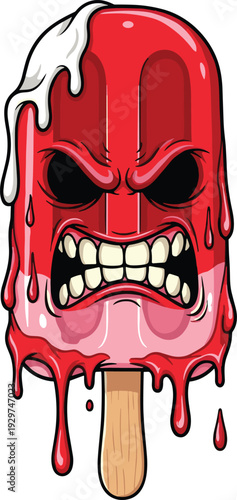 Angry Red Popsicle Monster Character with Scary Face and Teeth Melting Ice Cream Horror Cartoon Illustration Isolated on White Background for Halloween Graphic Design