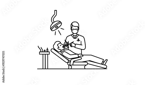 Dentist Checking Patient Teeth Thin Line Medical Vector Illustration