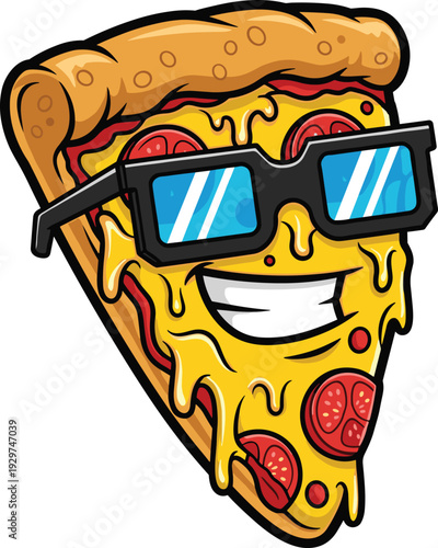 Cheerful Cartoon Pizza Slice Character Wearing Stylish Black Sunglasses with Melting Cheese and Tomato Toppings isolated on White Background for Fast Food Branding
