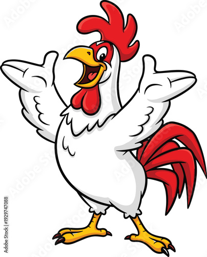 Cheerful cartoon rooster character with white feathers and red comb standing in a welcoming pose with open wings isolated on a white background.