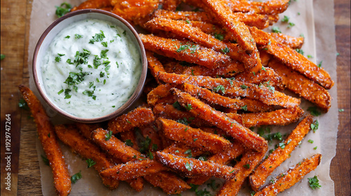 Crispy sweet potato fries served with dip on a wooden board Generative AI