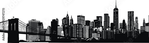 Black and white silhouette of new york city skyline with brooklyn bridge and skyscrapers 1