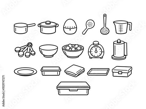 Home kitchen egg boiling tools: linear style saucepan, pot lid, egg timer, slotted spoon, measuring cup, measuring spoon, bowl, ice bath bowl, kitchen timer,