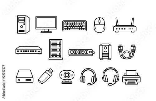Office IT hardware: linear style desktop computer, monitor, keyboard, mouse, router, network switch, server rack, power strip, UPS battery, ethernet cable,