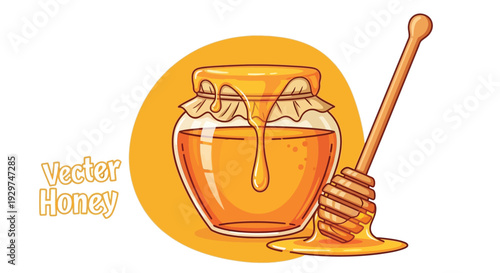 Honey jar with dripping honey and dipper on side