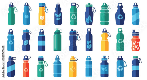 Collection of colorful reusable water bottles with eco friendly designs