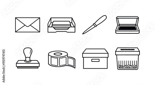 Office desk mail handling: linear style document envelope, mail tray, letter opener, stamp pad, rubber stamp, address label roll, storage box, shredder bin