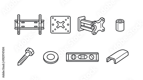 Home media mounting hardware: TV wall mount, mounting plate, tilt arm, spacer sleeve, lag bolt, washer ring, spirit level, cable cover. . Thin consistent line