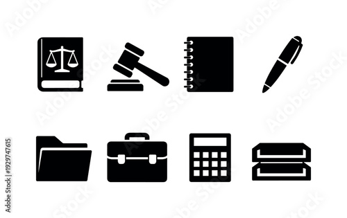 Legal structuring tools in silhouette style: law book, gavel, notebook, pen, document folder, briefcase, calculator, paper tray