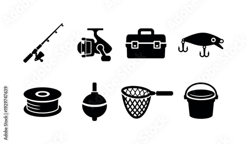 Outdoor fishing gear: fishing rod, spinning reel, tackle box, lure, fishing line spool, bobber, landing net, bait bucket