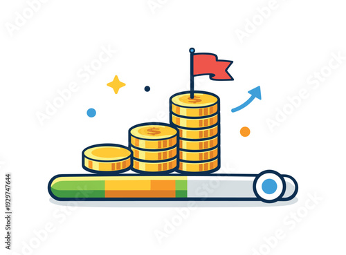Personal financial goal tracking and long-term planning centered on visualizing progress and staying motivated, a simple progress bar paired with stacked coins