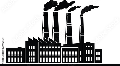 Black and white of industrial factory buildings with multiple smokestacks emitting smoke