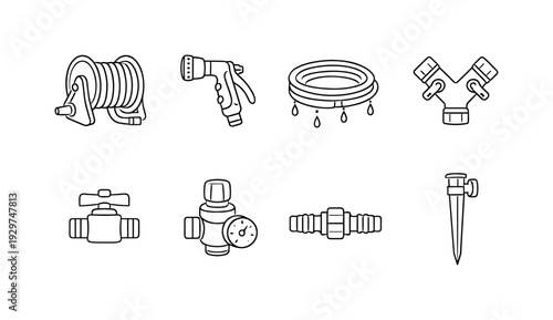 Garden watering system parts: hose reel, spray nozzle, drip hose, hose splitter, shutoff valve, pressure regulator, connector fitting, ground stake. . Thin
