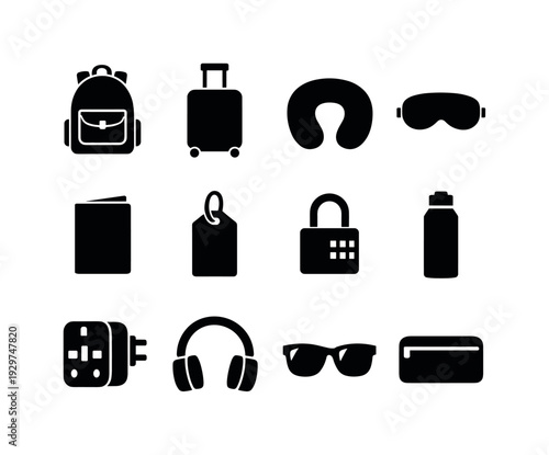 Travel carry essentials: backpack, carry on suitcase, neck pillow, eye mask, passport cover, luggage tag, travel lock, water bottle, power adapter, headphones,