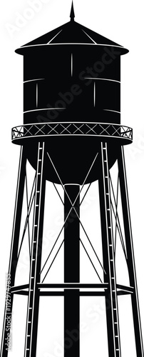 Black and white water tower with support structure and ladder silhouette outline