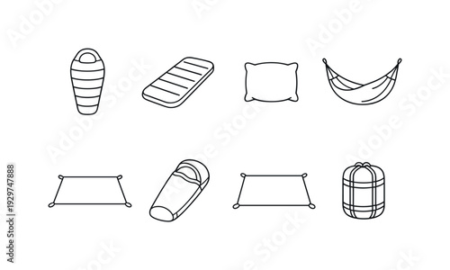 Camping sleeping gear: sleeping bag, sleeping pad, pillow, hammock, tent footprint, bivy sack, groundsheet, compression sack. . Thin consistent line stroke,