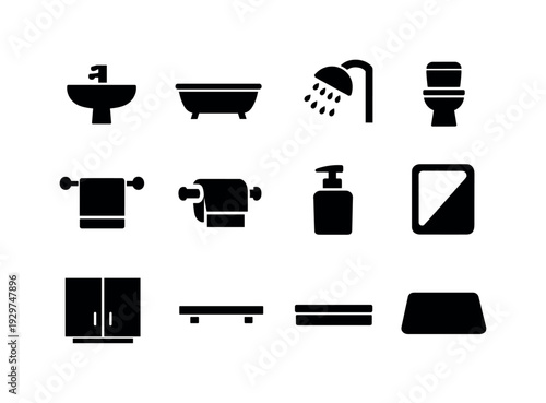 Home bathroom fixtures: sink, faucet, bathtub, shower head, toilet, towel rack, toilet paper holder, soap dispenser, mirror, cabinet, shelf, bath mat