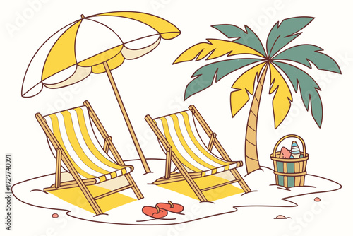 Beach scene with yellow and white striped deck chairs palm tree and umbrella