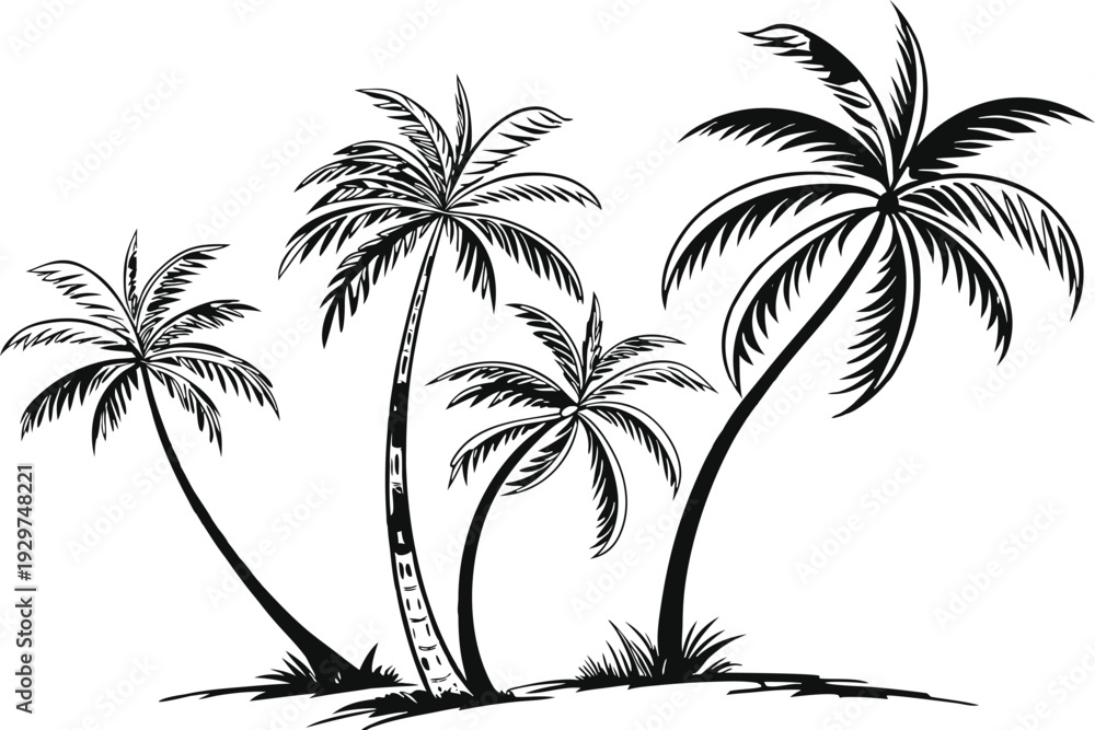 Fototapeta premium Black and white of four palm trees on a small hill