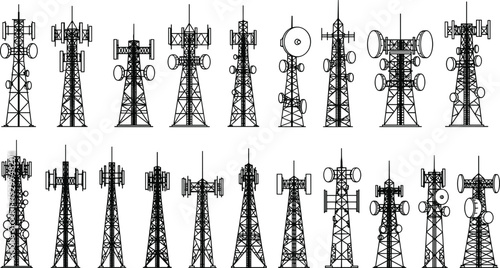 Collection of black and white line of various communication towers and antennas with different structures and