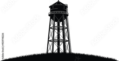 Black silhouette of a water tower on a grass hill white