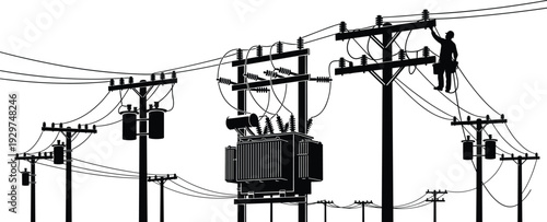 Black and white of utility workers repairing power lines on wooden poles with transformers and cables