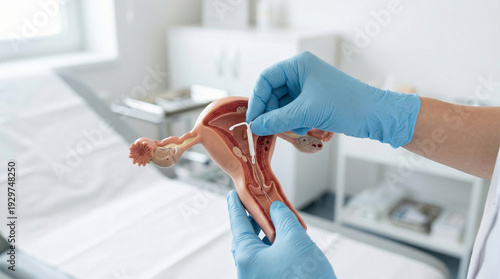Close-up of a doctor demonstrating the IUD intrauterine contraception method on a transparent anatomical model of a human uterus - birth control and family planning in a clinic
