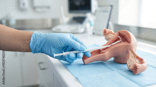 Wallpaper Mural Close-up of a doctor demonstrating the IUD intrauterine contraception method on a transparent anatomical model of a human uterus - birth control and family planning in a clinic Torontodigital.ca