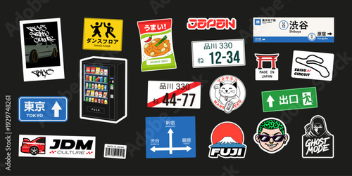 Stickers featuring Japanese culture and street aesthetics, railway and car stickers, Japanese and Tokyo road signs, license plates, subway, and other stickers, Vector graphic collection