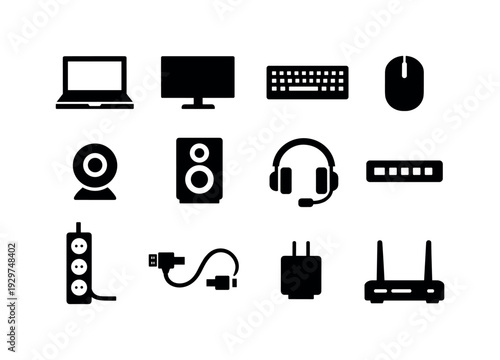 Home office electronics: laptop, monitor, keyboard, mouse, webcam, speaker, headset, USB hub, power strip, charging cable, wall charger, router