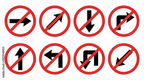 Free Download Traffic prohibition signs with arrows, red circles, diagonal slashes, directional restrictions, road navigation, safety indicators, clear visual communication. - GFXLoad
