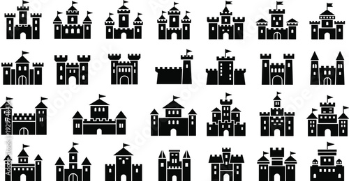 Collection of black and white medieval castle with various architectural and styles architecture