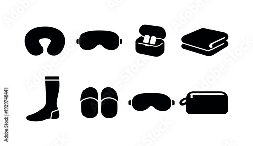Travel comfort items: neck pillow, eye mask, earplug case, blanket, compression sock, travel slipper, sleep mask, toiletry pouch