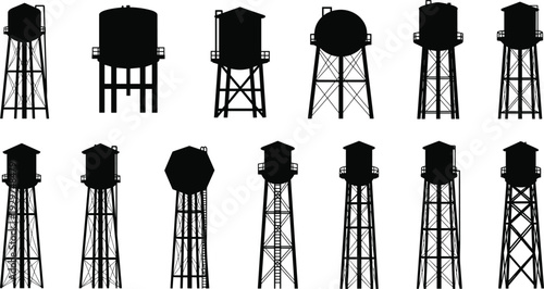 Collection of black and white water tower silhouettes in various styles and structures industrial