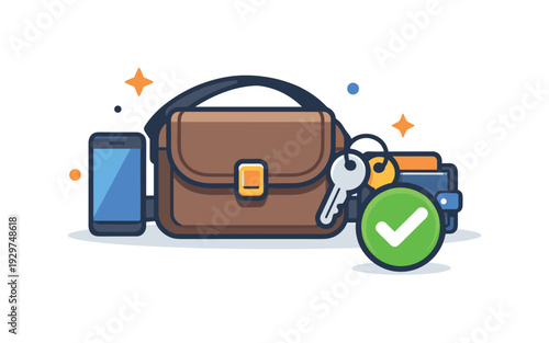 Everyday habit of keeping personal essentials ready to reduce stress when leaving home, a small bag paired with a checkmark icon symbolizing preparedness and