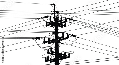 Black and white utility pole with numerous electrical wires and equipment attached power lines electrical equipment