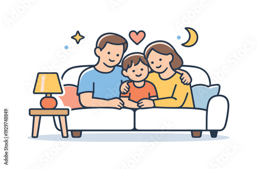 Peaceful family evening centered on emotional closeness and shared rest at the end of the day, two adults and a child sitting close together on a sofa with a
