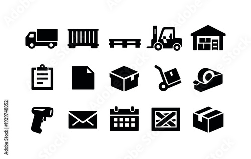 Logistics Support in silhouette style: delivery truck, cargo container, pallet, forklift, warehouse, clipboard, document, box, hand truck, tape dispenser,