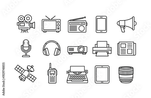 Media and Communications in linear style: film camera, television, radio, smartphone, megaphone, microphone, headphones, projector, printer, newspaper,
