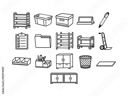 Office desk supply distribution station: linear style supply cart, storage bin, archive box, label holder, marker pen, checklist clipboard, document folder,