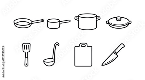 Home kitchen cooking essentials: linear style frying pan, saucepan, stockpot, lid, spatula, ladle, cutting board, kitchen knife