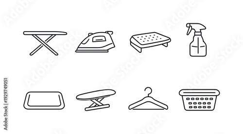 Home ironing station items: ironing board, steam iron, iron rest, spray bottle, heat mat, sleeve board, garment hanger, laundry basket. . Thin consistent line