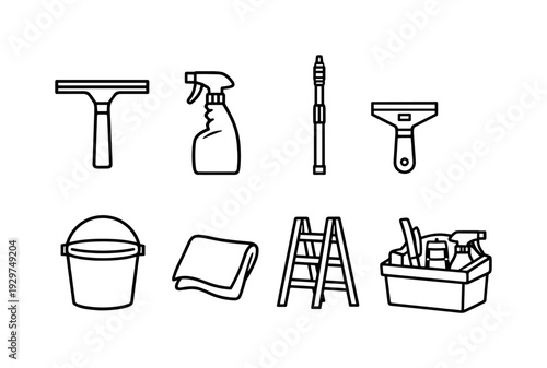 Home window cleaning equipment: linear style squeegee, spray bottle, extension pole, scraper blade, bucket, microfiber cloth, ladder, tool caddy