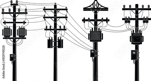 Four black utility poles with electrical wires and transformers in a linear arrangement 1