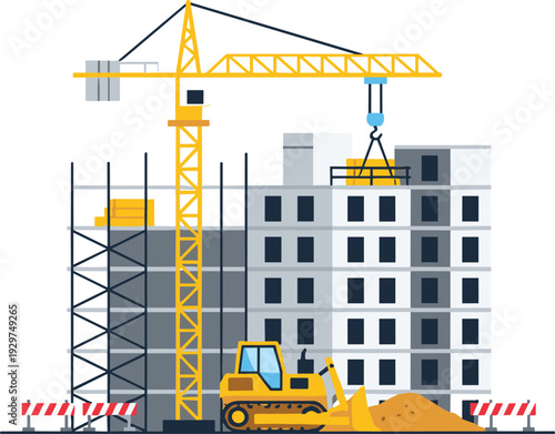 Construction site with crane and bulldozer, building under construction, industrial development concept flat vector illustration