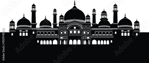 Intricate black and white silhouette of a grand mosque with multiple domes and minarets architecture