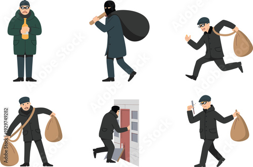Burglar character set breaking into house, masked thief stealing bag, robbery and home invasion flat vector illustration collection